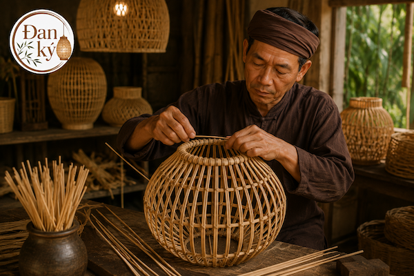 Nghệ nhân đang đan thủ công trên khung đèn để làm nên chiếc đèn mây tre handmade.