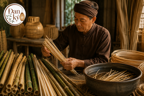 Người thợ lựa chọn và xử lý nguyên liệu mây tre để làm nên chiếc đèn mây tre handmade.