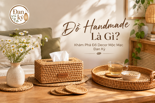 đồ handmade trang trí nhà cửa với hộp đựng giấy mây tre đan, khay mây và lót ly mộc mạc từ Đan Ký