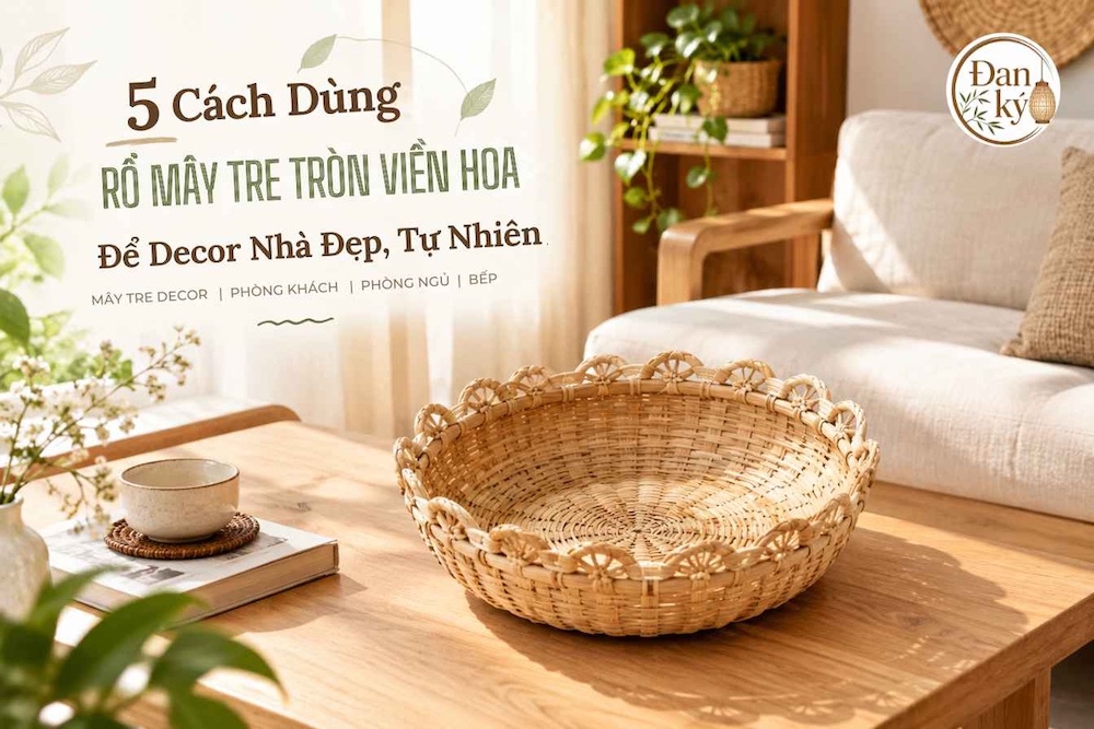 rổ mây tre tròn vien hoa dan ky trang tri phong khach