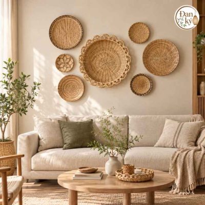 rổ tre decor tường phòng khách phong cách tự nhiên